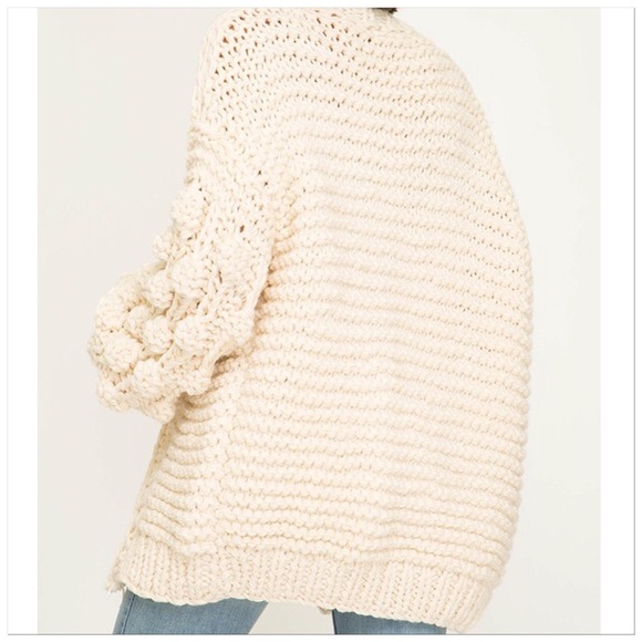 🆕M/L Cream Oversized Pom Pom Bubble Sleeve Heavy Loose Knit Cardigan Jacket - Picture 10 of 10